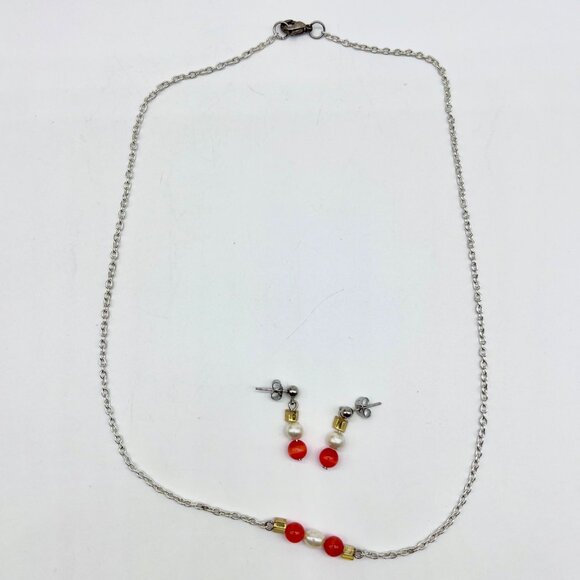 Handmade Orange Bead Faux Pearl Necklace & Earrings Set Gold Accents - Picture 8 of 11